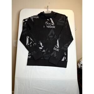 Reebok Men’s Black All Over Logo Hoodie Sweatshirt Pullover Size S Athletic